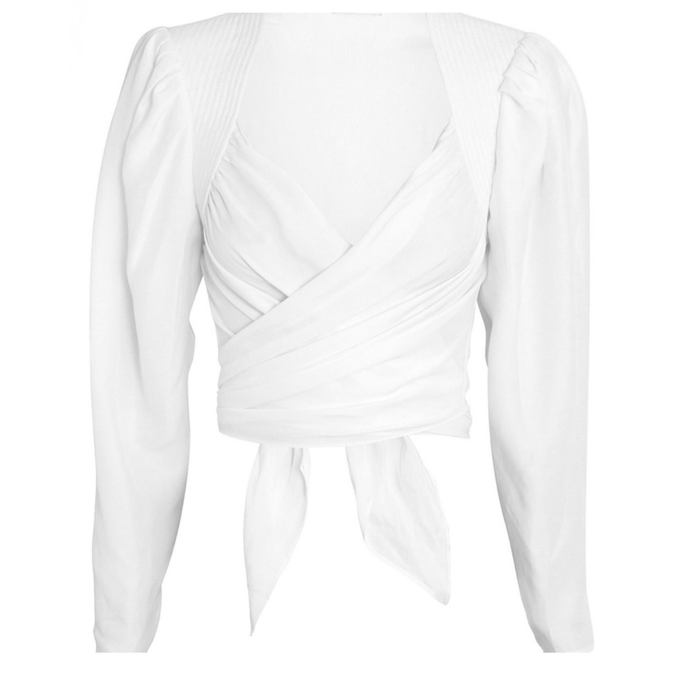 Ronny Kobo Gayle Wrap Crop Top Linen Blend Tie Front Puff Sleeve XS